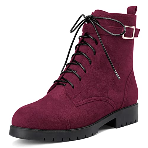 NobleOnly Damen Chunky Blockabsatz Niedrige Kitten Absatz Heel Runde Zehenkappe Stiefeletten Schnüren Schnürung Reißverschluss Klassisch Schuhe Burgund Rot 38 EU von NobleOnly