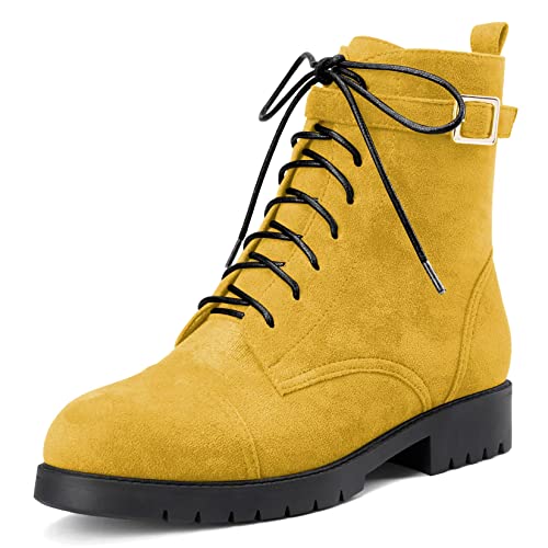 NobleOnly Damen Chunky Blockabsatz Niedrige Kitten Absatz Heel Runde Zehenkappe Stiefeletten Schnüren Schnürung Reißverschluss Klassisch Schuhe Gelb 39 EU von NobleOnly