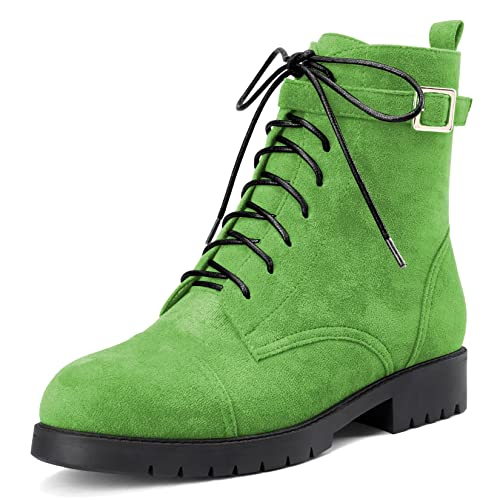 NobleOnly Damen Chunky Blockabsatz Niedrige Kitten Absatz Heel Runde Zehenkappe Stiefeletten Schnüren Schnürung Reißverschluss Klassisch Schuhe Grün 38 EU von NobleOnly