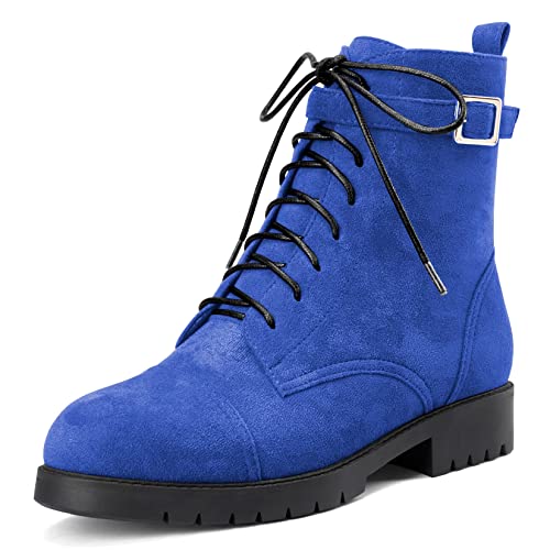 NobleOnly Damen Chunky Blockabsatz Niedrige Kitten Absatz Heel Runde Zehenkappe Stiefeletten Schnüren Schnürung Reißverschluss Klassisch Schuhe Königsblau 41 EU von NobleOnly