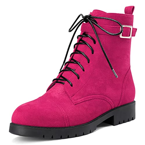 NobleOnly Damen Chunky Blockabsatz Niedrige Kitten Absatz Heel Runde Zehenkappe Stiefeletten Schnüren Schnürung Reißverschluss Klassisch Schuhe Magenta Rot 38 EU von NobleOnly