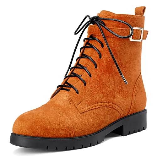 NobleOnly Damen Chunky Blockabsatz Niedrige Kitten Absatz Heel Runde Zehenkappe Stiefeletten Schnüren Schnürung Reißverschluss Klassisch Schuhe Orange 40 EU von NobleOnly