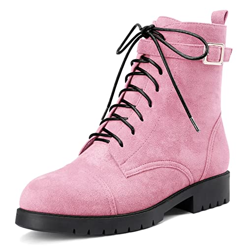 NobleOnly Damen Chunky Blockabsatz Niedrige Kitten Absatz Heel Runde Zehenkappe Stiefeletten Schnüren Schnürung Reißverschluss Klassisch Schuhe Rosa 37 EU von NobleOnly