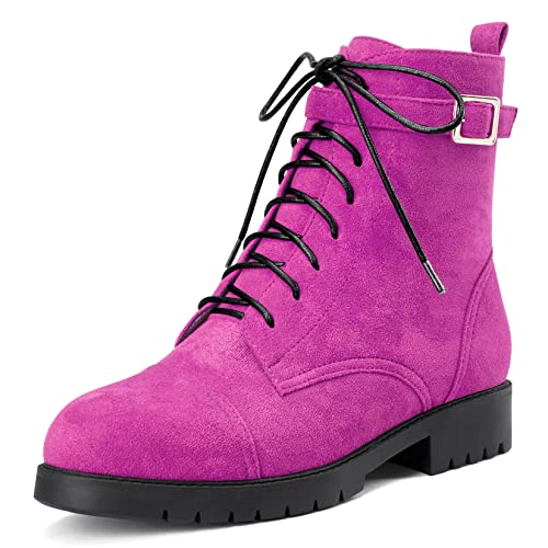 NobleOnly Damen Chunky Blockabsatz Niedrige Kitten Absatz Heel Runde Zehenkappe Stiefeletten Schnüren Schnürung Reißverschluss Klassisch Schuhe Rosa A 38 EU von NobleOnly