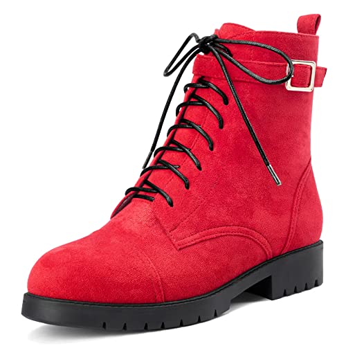 NobleOnly Damen Chunky Blockabsatz Niedrige Kitten Absatz Heel Runde Zehenkappe Stiefeletten Schnüren Schnürung Reißverschluss Klassisch Schuhe Rot 35 EU von NobleOnly