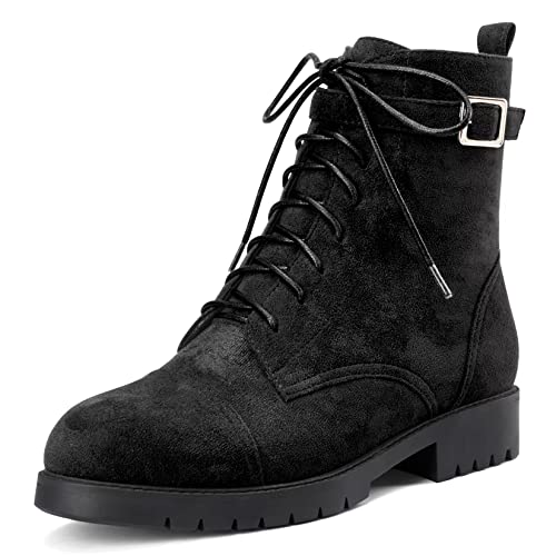 NobleOnly Damen Chunky Blockabsatz Niedrige Kitten Absatz Heel Runde Zehenkappe Stiefeletten Schnüren Schnürung Reißverschluss Klassisch Schuhe Schwarz 38 EU von NobleOnly