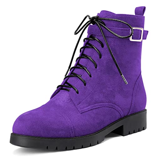 NobleOnly Damen Chunky Blockabsatz Niedrige Kitten Absatz Heel Runde Zehenkappe Stiefeletten Schnüren Schnürung Reißverschluss Klassisch Schuhe Violett 36 EU von NobleOnly