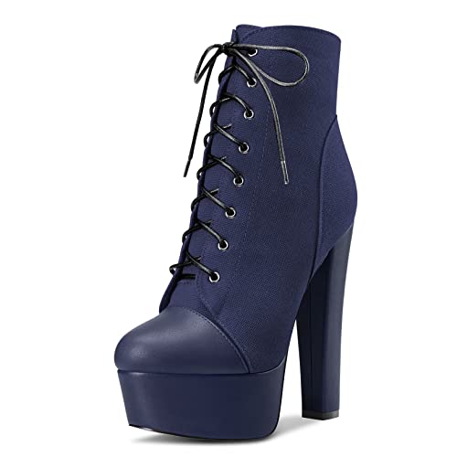 NobleOnly Damen Chunky Blockabsatz Plateau Plattform Hoher High Absatz Heel Runde Zehenkappe Schnüren Schnürung Reißverschluss Stiefeletten Klassisch Schuhe Navy Blau 39 EU von NobleOnly