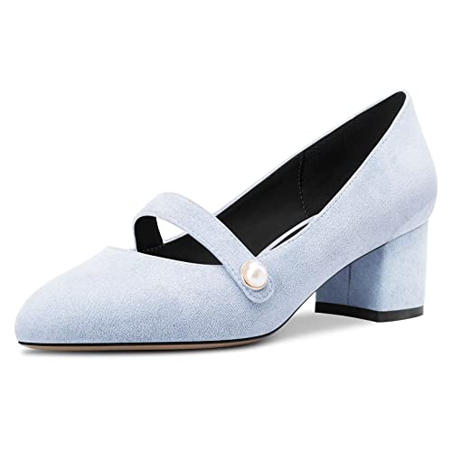 NobleOnly Damen Geschlossene Runde Zehenkappe Mittlerem Chunky Blockabsatz Absatz Heel Mary Jane Pumps Cute Dress Büroschuhe Party Schuhe 5 cm Heels Hellblau Wildleder 36 EU von NobleOnly
