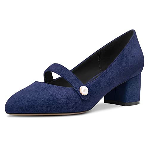 NobleOnly Damen Geschlossene Runde Zehenkappe Mittlerem Chunky Blockabsatz Absatz Heel Mary Jane Pumps Cute Dress Büroschuhe Party Schuhe 5 cm Heels Navy Blau Wildleder 37 EU von NobleOnly