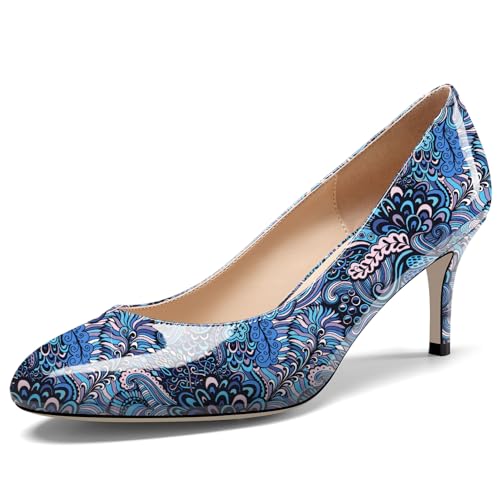 NobleOnly Damen Geschlossene Runde Zehenkappe Mittlerem Kitten Absatz Heel Slip-on Büroschuhe Pumps Dress Lässig Klassisch Schuhe 6.5 cm Heels Blau Mehrfarbig 43 EU von NobleOnly