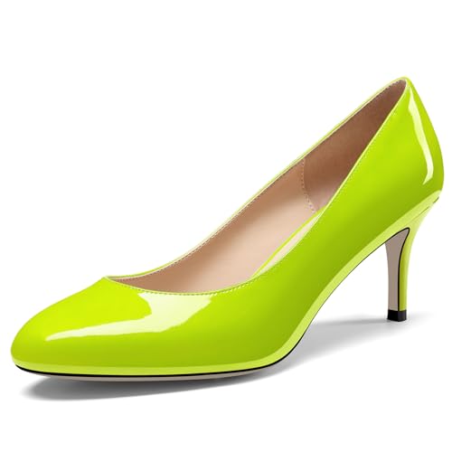 NobleOnly Damen Geschlossene Runde Zehenkappe Mittlerem Kitten Absatz Heel Slip-on Büroschuhe Pumps Dress Lässig Klassisch Schuhe 6.5 cm Heels Gelbgrün 38 EU von NobleOnly