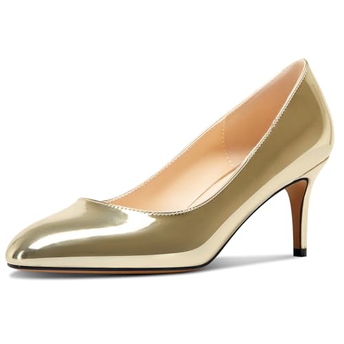 NobleOnly Damen Geschlossene Runde Zehenkappe Mittlerem Kitten Absatz Heel Slip-on Büroschuhe Pumps Dress Lässig Klassisch Schuhe 6.5 cm Heels Gold Lackleder 39 EU von NobleOnly