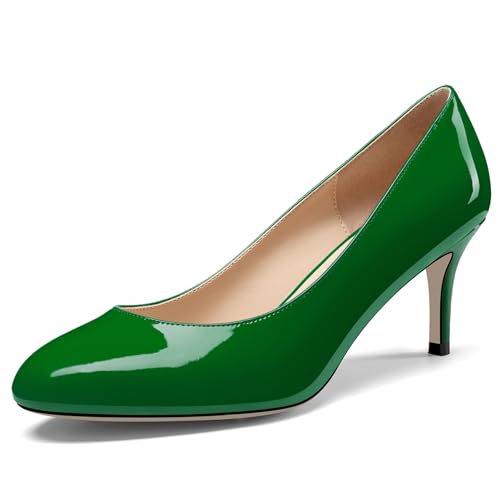 NobleOnly Damen Geschlossene Runde Zehenkappe Mittlerem Kitten Absatz Heel Slip-on Büroschuhe Pumps Dress Lässig Klassisch Schuhe 6.5 cm Heels Grün 41 EU von NobleOnly