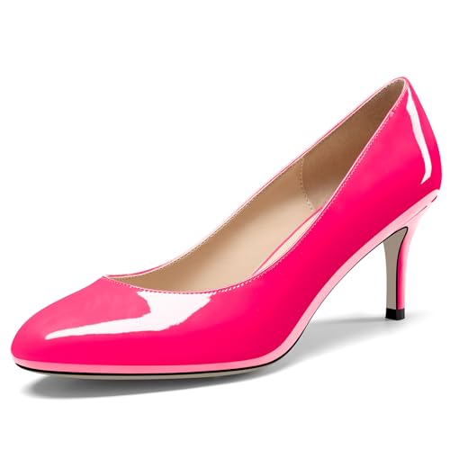 NobleOnly Damen Geschlossene Runde Zehenkappe Mittlerem Kitten Absatz Heel Slip-on Büroschuhe Pumps Dress Lässig Klassisch Schuhe 6.5 cm Heels Magenta 37 EU von NobleOnly