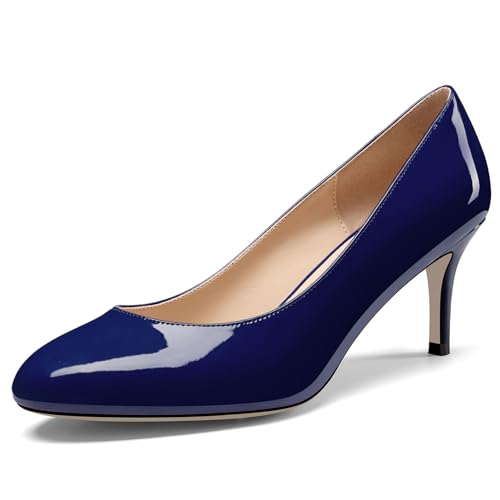 NobleOnly Damen Geschlossene Runde Zehenkappe Mittlerem Kitten Absatz Heel Slip-on Büroschuhe Pumps Dress Lässig Klassisch Schuhe 6.5 cm Heels Marineblau 36 EU von NobleOnly