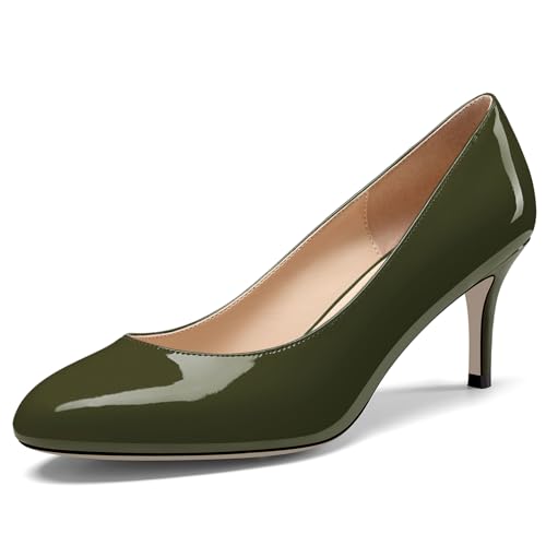 NobleOnly Damen Geschlossene Runde Zehenkappe Mittlerem Kitten Absatz Heel Slip-on Büroschuhe Pumps Dress Lässig Klassisch Schuhe 6.5 cm Heels Olivgrün 36 EU von NobleOnly
