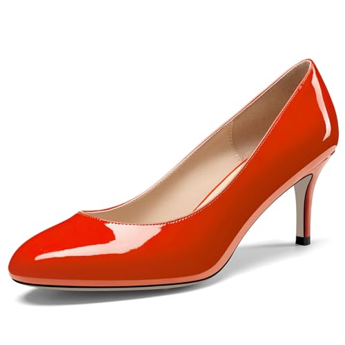 NobleOnly Damen Geschlossene Runde Zehenkappe Mittlerem Kitten Absatz Heel Slip-on Büroschuhe Pumps Dress Lässig Klassisch Schuhe 6.5 cm Heels Orange 36 EU von NobleOnly