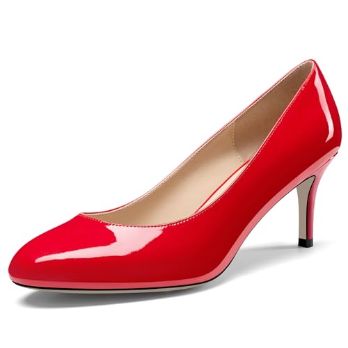 NobleOnly Damen Geschlossene Runde Zehenkappe Mittlerem Kitten Absatz Heel Slip-on Büroschuhe Pumps Dress Lässig Klassisch Schuhe 6.5 cm Heels Rot 41 EU von NobleOnly