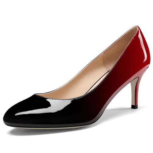 NobleOnly Damen Geschlossene Runde Zehenkappe Mittlerem Kitten Absatz Heel Slip-on Büroschuhe Pumps Dress Lässig Klassisch Schuhe 6.5 cm Heels Schwarz und Rot 36 EU von NobleOnly