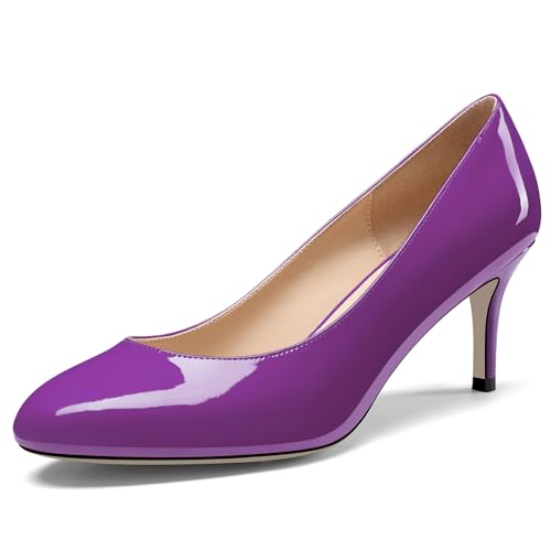 NobleOnly Damen Geschlossene Runde Zehenkappe Mittlerem Kitten Absatz Heel Slip-on Büroschuhe Pumps Dress Lässig Klassisch Schuhe 6.5 cm Heels Violett 41 EU von NobleOnly