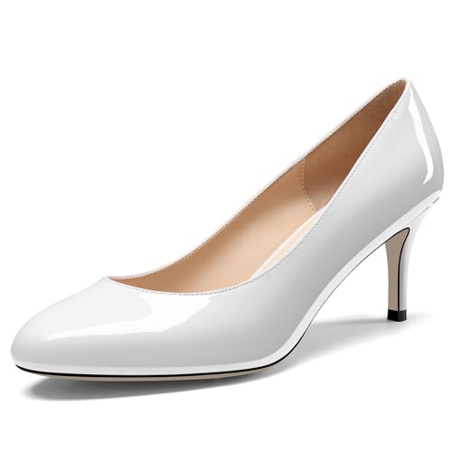 NobleOnly Damen Geschlossene Runde Zehenkappe Mittlerem Kitten Absatz Heel Slip-on Büroschuhe Pumps Dress Lässig Klassisch Schuhe 6.5 cm Heels Weiß 38 EU von NobleOnly