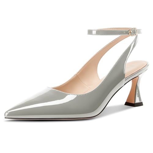 NobleOnly Damen Geschlossene Spitze Zehenkappe Knöchelriemen Kitten Absatz Heel Slingback Dress Hochzeit Lässig Pumps 6 cm Heels Grau 38 EU von NobleOnly