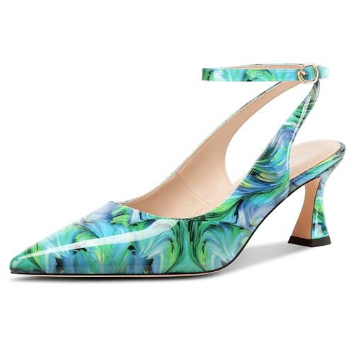 NobleOnly Damen Geschlossene Spitze Zehenkappe Knöchelriemen Kitten Absatz Heel Slingback Dress Hochzeit Lässig Pumps 6 cm Heels Grüner Wirbel 39 EU von NobleOnly