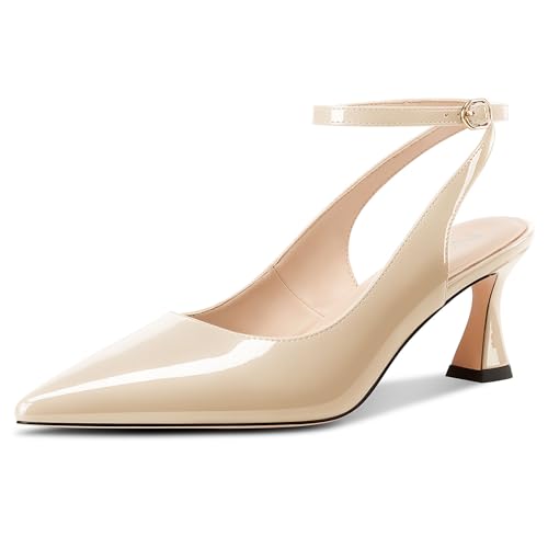 NobleOnly Damen Geschlossene Spitze Zehenkappe Knöchelriemen Kitten Absatz Heel Slingback Dress Hochzeit Lässig Pumps 6 cm Heels Hautfarben 42 EU von NobleOnly