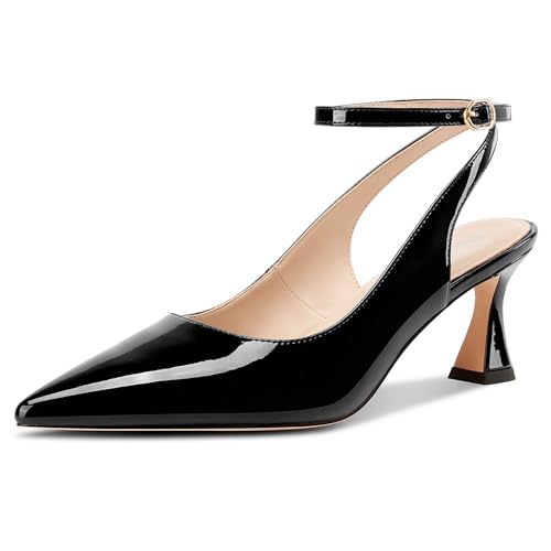 NobleOnly Damen Geschlossene Spitze Zehenkappe Knöchelriemen Kitten Absatz Heel Slingback Dress Hochzeit Lässig Pumps 6 cm Heels Schwarz 40 EU von NobleOnly