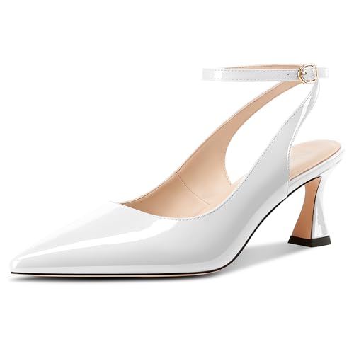 NobleOnly Damen Geschlossene Spitze Zehenkappe Knöchelriemen Kitten Absatz Heel Slingback Dress Hochzeit Lässig Pumps 6 cm Heels Weiß 42 EU von NobleOnly