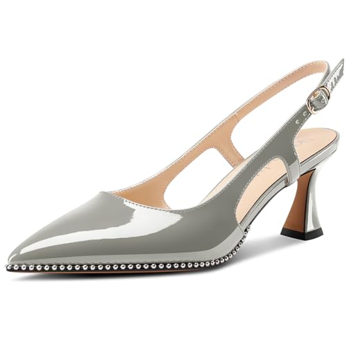 NobleOnly Damen Geschlossene Spitze Zehenkappe Mittlerem Kitten Absatz Heel Slingback Pumps Schnalle Dress Slip-on Perlenbesetzte Schuhe 6.5 cm Heels Grau 40 EU von NobleOnly