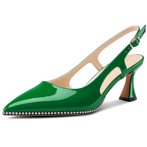 NobleOnly Damen Geschlossene Spitze Zehenkappe Mittlerem Kitten Absatz Heel Slingback Pumps Schnalle Dress Slip-on Perlenbesetzte Schuhe 6.5 cm Heels Grün 41 EU von NobleOnly