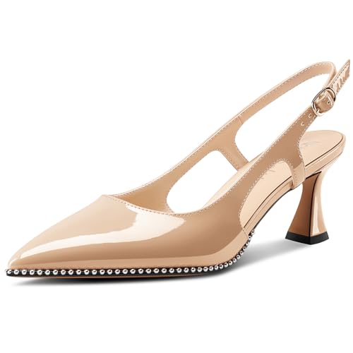 NobleOnly Damen Geschlossene Spitze Zehenkappe Mittlerem Kitten Absatz Heel Slingback Pumps Schnalle Dress Slip-on Perlenbesetzte Schuhe 6.5 cm Heels Hautfarben 43 EU von NobleOnly