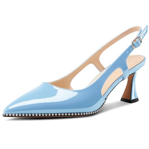 NobleOnly Damen Geschlossene Spitze Zehenkappe Mittlerem Kitten Absatz Heel Slingback Pumps Schnalle Dress Slip-on Perlenbesetzte Schuhe 6.5 cm Heels Himmelblau 43 EU von NobleOnly
