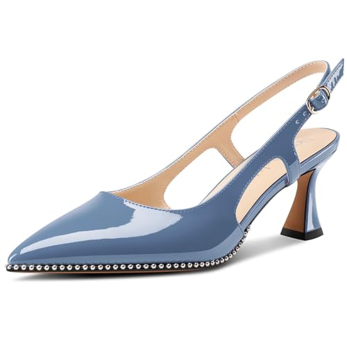 NobleOnly Damen Geschlossene Spitze Zehenkappe Mittlerem Kitten Absatz Heel Slingback Pumps Schnalle Dress Slip-on Perlenbesetzte Schuhe 6.5 cm Heels Kobaltblau 35 EU von NobleOnly