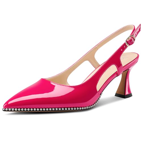 NobleOnly Damen Geschlossene Spitze Zehenkappe Mittlerem Kitten Absatz Heel Slingback Pumps Schnalle Dress Slip-on Perlenbesetzte Schuhe 6.5 cm Heels Magenta 39 EU von NobleOnly