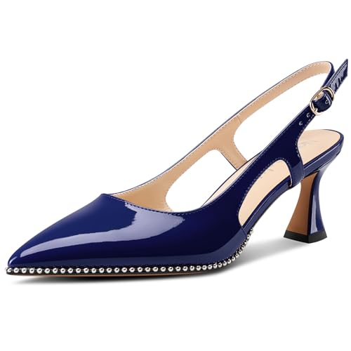 NobleOnly Damen Geschlossene Spitze Zehenkappe Mittlerem Kitten Absatz Heel Slingback Pumps Schnalle Dress Slip-on Perlenbesetzte Schuhe 6.5 cm Heels Marineblau 40 EU von NobleOnly