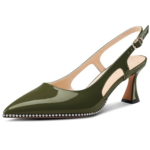 NobleOnly Damen Geschlossene Spitze Zehenkappe Mittlerem Kitten Absatz Heel Slingback Pumps Schnalle Dress Slip-on Perlenbesetzte Schuhe 6.5 cm Heels Olivgrün 42 EU von NobleOnly