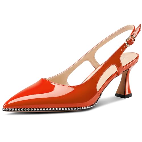 NobleOnly Damen Geschlossene Spitze Zehenkappe Mittlerem Kitten Absatz Heel Slingback Pumps Schnalle Dress Slip-on Perlenbesetzte Schuhe 6.5 cm Heels Orange 40 EU von NobleOnly