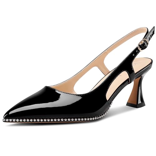 NobleOnly Damen Geschlossene Spitze Zehenkappe Mittlerem Kitten Absatz Heel Slingback Pumps Schnalle Dress Slip-on Perlenbesetzte Schuhe 6.5 cm Heels Schwarz 39 EU von NobleOnly