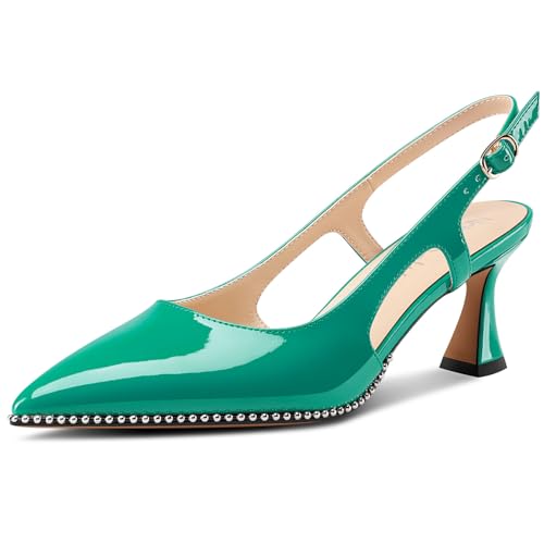 NobleOnly Damen Geschlossene Spitze Zehenkappe Mittlerem Kitten Absatz Heel Slingback Pumps Schnalle Dress Slip-on Perlenbesetzte Schuhe 6.5 cm Heels Smaragdgrün 38 EU von NobleOnly