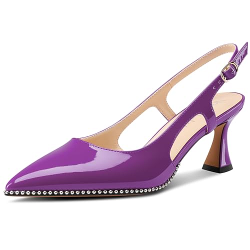 NobleOnly Damen Geschlossene Spitze Zehenkappe Mittlerem Kitten Absatz Heel Slingback Pumps Schnalle Dress Slip-on Perlenbesetzte Schuhe 6.5 cm Heels Violett 40 EU von NobleOnly