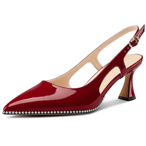 NobleOnly Damen Geschlossene Spitze Zehenkappe Mittlerem Kitten Absatz Heel Slingback Pumps Schnalle Dress Slip-on Perlenbesetzte Schuhe 6.5 cm Heels Weinrot 38 EU von NobleOnly