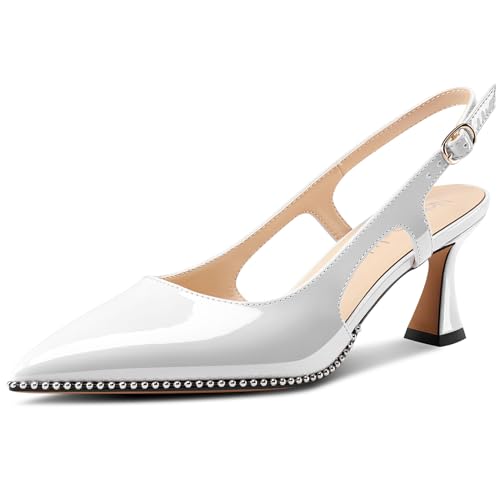 NobleOnly Damen Geschlossene Spitze Zehenkappe Mittlerem Kitten Absatz Heel Slingback Pumps Schnalle Dress Slip-on Perlenbesetzte Schuhe 6.5 cm Heels Weiß 43 EU von NobleOnly
