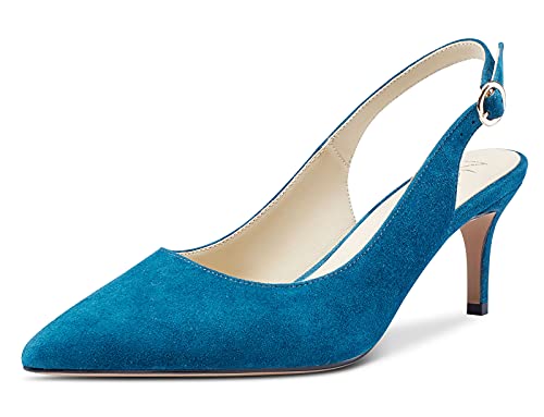 NobleOnly Damen High Heels Lederfutter Slingback Sandalen Stilettos Slip-On Pumps 6CM Kitten Heels Blau Cyan Wildleder Schuhe EU 38.5 von NobleOnly