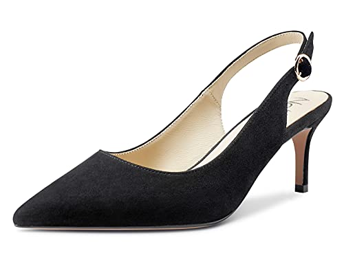 NobleOnly Damen High Heels Lederfutter Slingback Sandalen Stilettos Slip-On Pumps 6CM Kitten Heels Schwarz Wildleder Schuhe EU 44 von NobleOnly