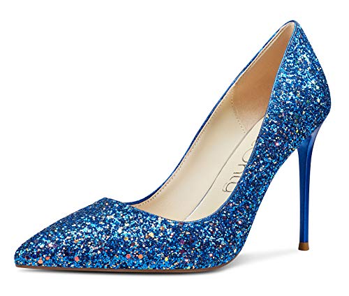 NobleOnly Damen High Heels Lederfutter Stilettos Slip-On Pumps 10CM Heel Blau Glitter Schuhe EU 40 von NobleOnly