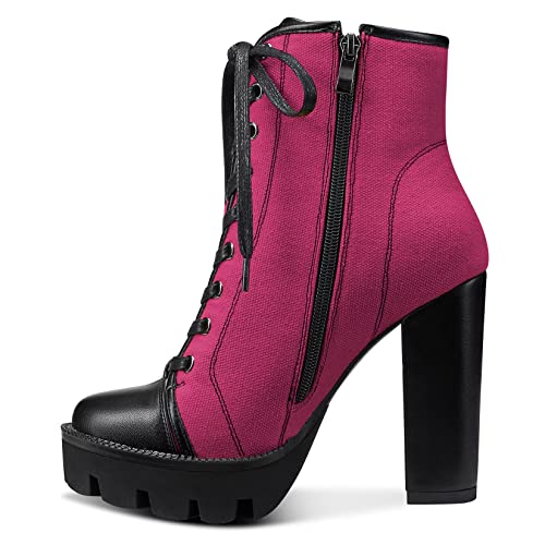 NobleOnly Damen Hoher Absatz Heel Plateau Plattform Runde Zehenkappe Stiefeletten Reißverschluss Schnüren Schnürung Reitstiefel Stiefel 13 CM Heels Rosa 45 EU von NobleOnly