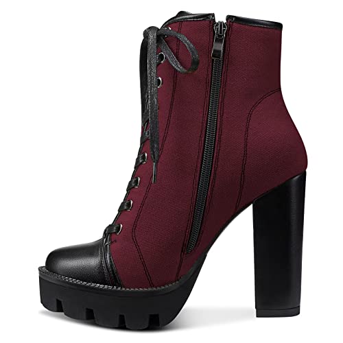 NobleOnly Damen Hoher Absatz Heel Plateau Plattform Runde Zehenkappe Stiefeletten Reißverschluss Schnüren Schnürung Reitstiefel Stiefel 13 CM Heels Rot A 39 EU von NobleOnly